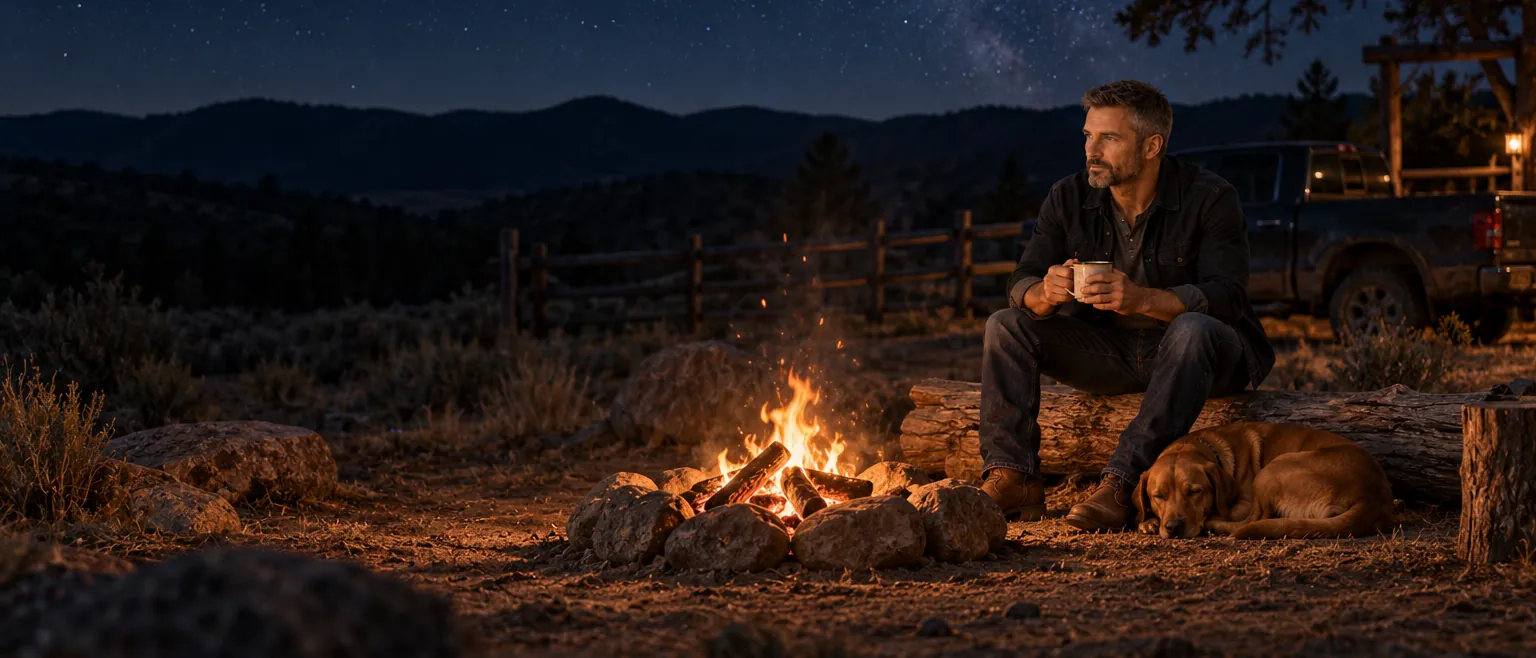 Ryan by a campfire at night with his dog.