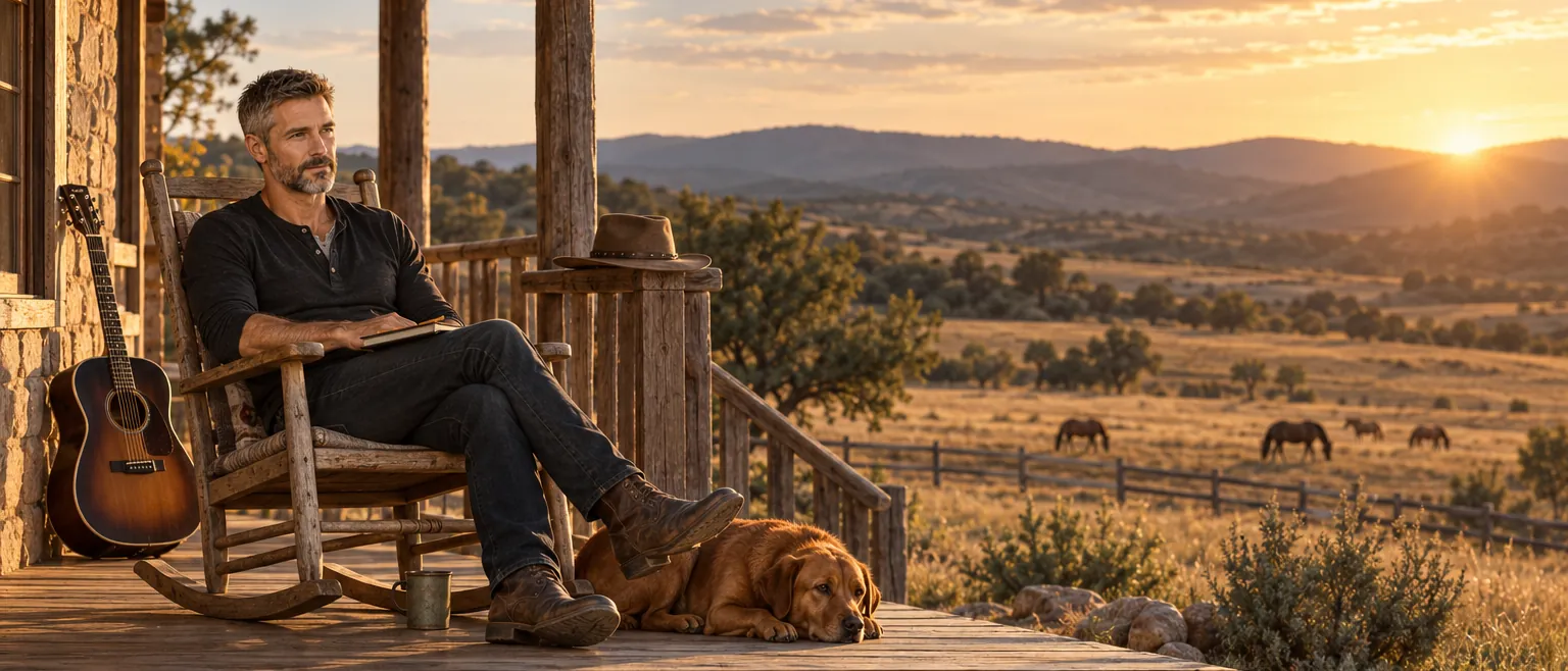 Ryan in a rocking chair on a ranch porch at sunset, guitar against the wall, dog at his feet, horses grazing beyond the fence.