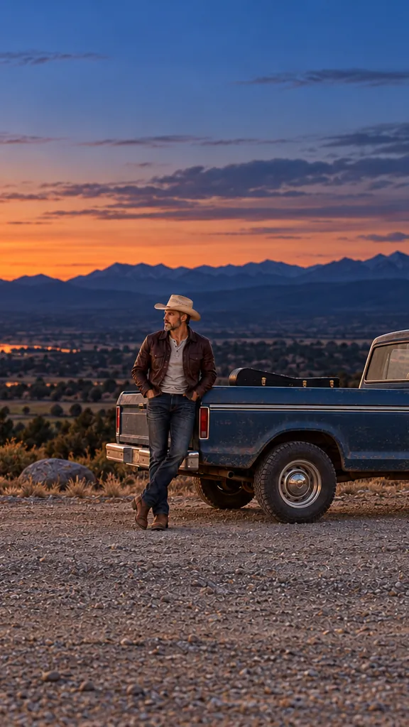 Ryan Robson in a straw hat and leather jacket leaning against an old blue pickup truck at dusk, mountains on the horizon.