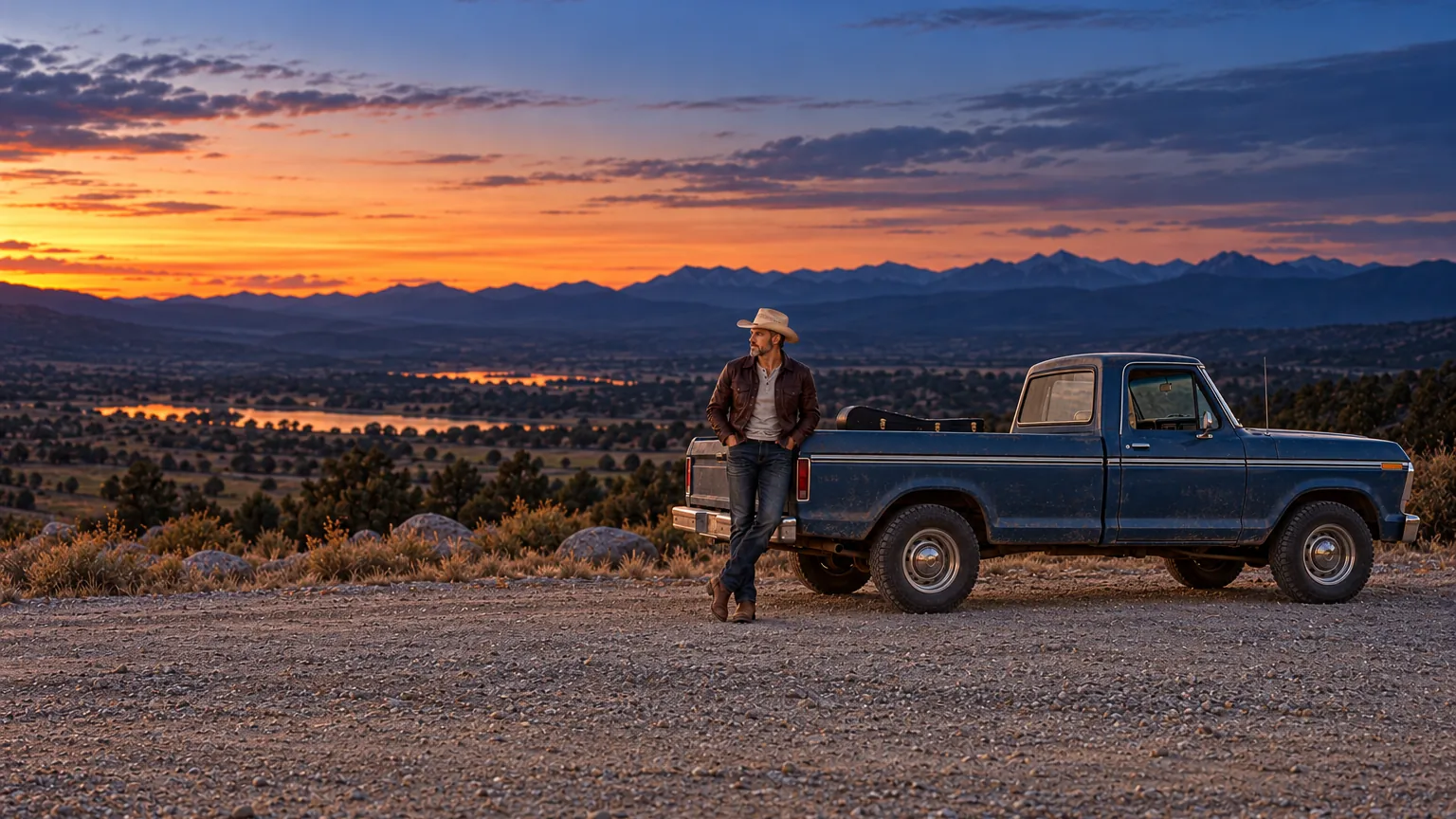 Ryan Robson leaning against an old pickup truck at dusk.