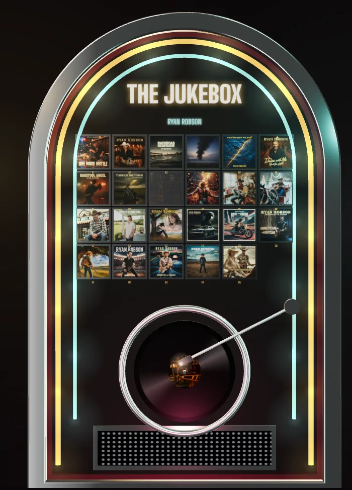 The Ryan Robson jukebox: a chrome and neon cabinet with a wall of record sleeves and a record on the turntable.