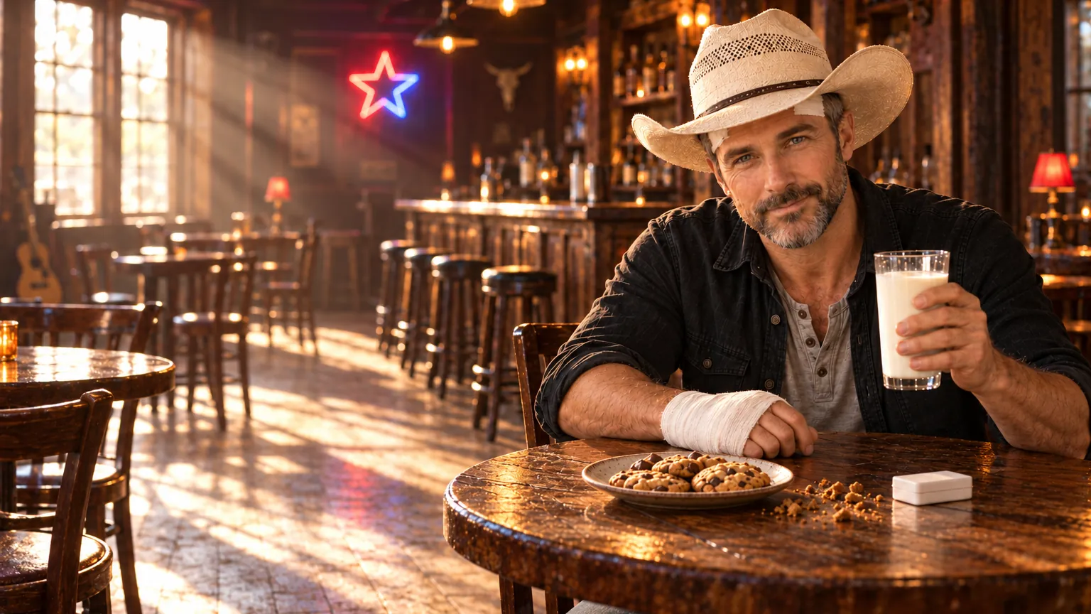 The morning after in the same bar: Ryan with a bandaged hand and a plaster under his hat, grinning over a glass of milk and a plate of cookies.
