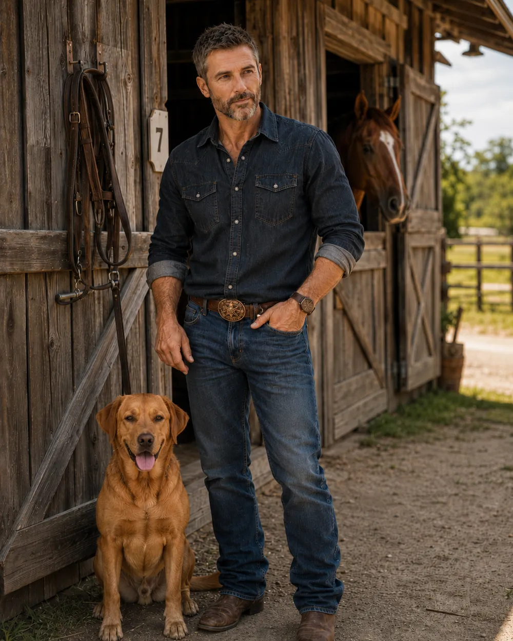 Ryan standing at an open barn door, his dog sitting at his feet.