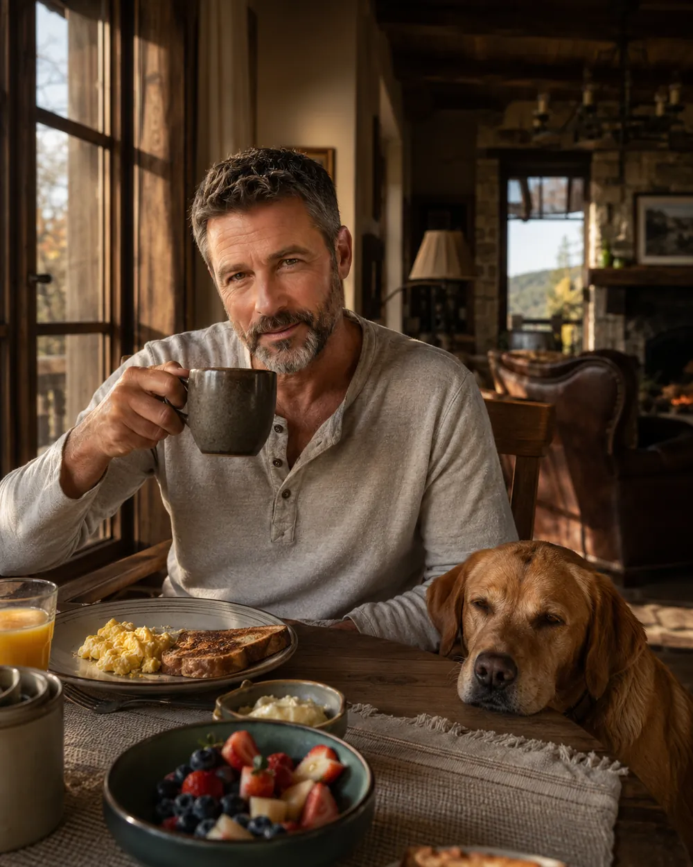 Ryan at a breakfast table with coffee while his dog rests its head on the table.