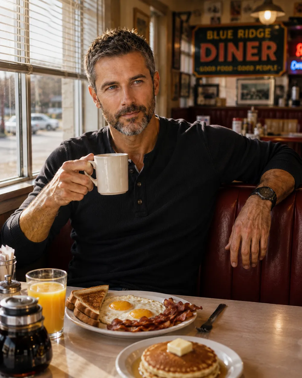 Ryan in a diner booth with coffee, pancakes and eggs.