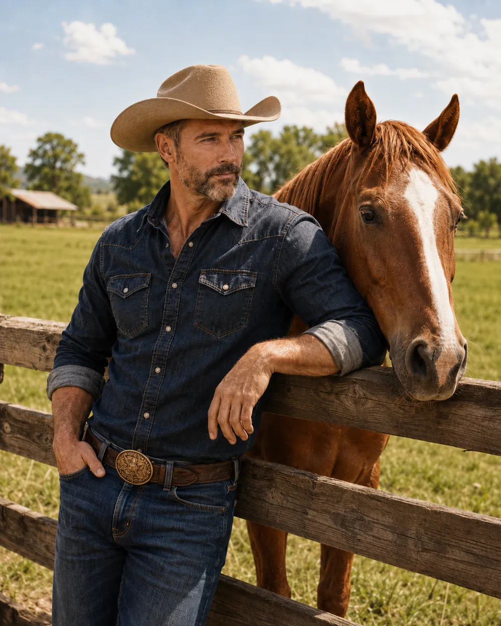 Ryan in a straw hat leaning on a wooden fence next to a chestnut horse.