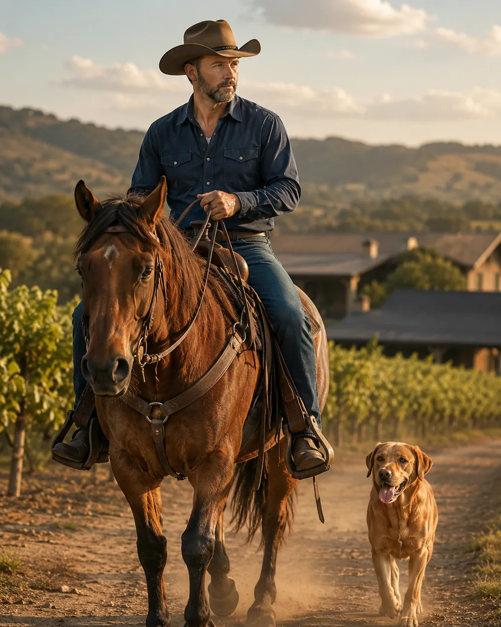 Ryan riding a chestnut horse down a dirt track, a golden retriever trotting alongside.
