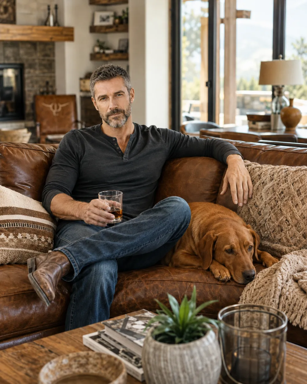 Ryan relaxing on a leather sofa, the dog asleep beside him.