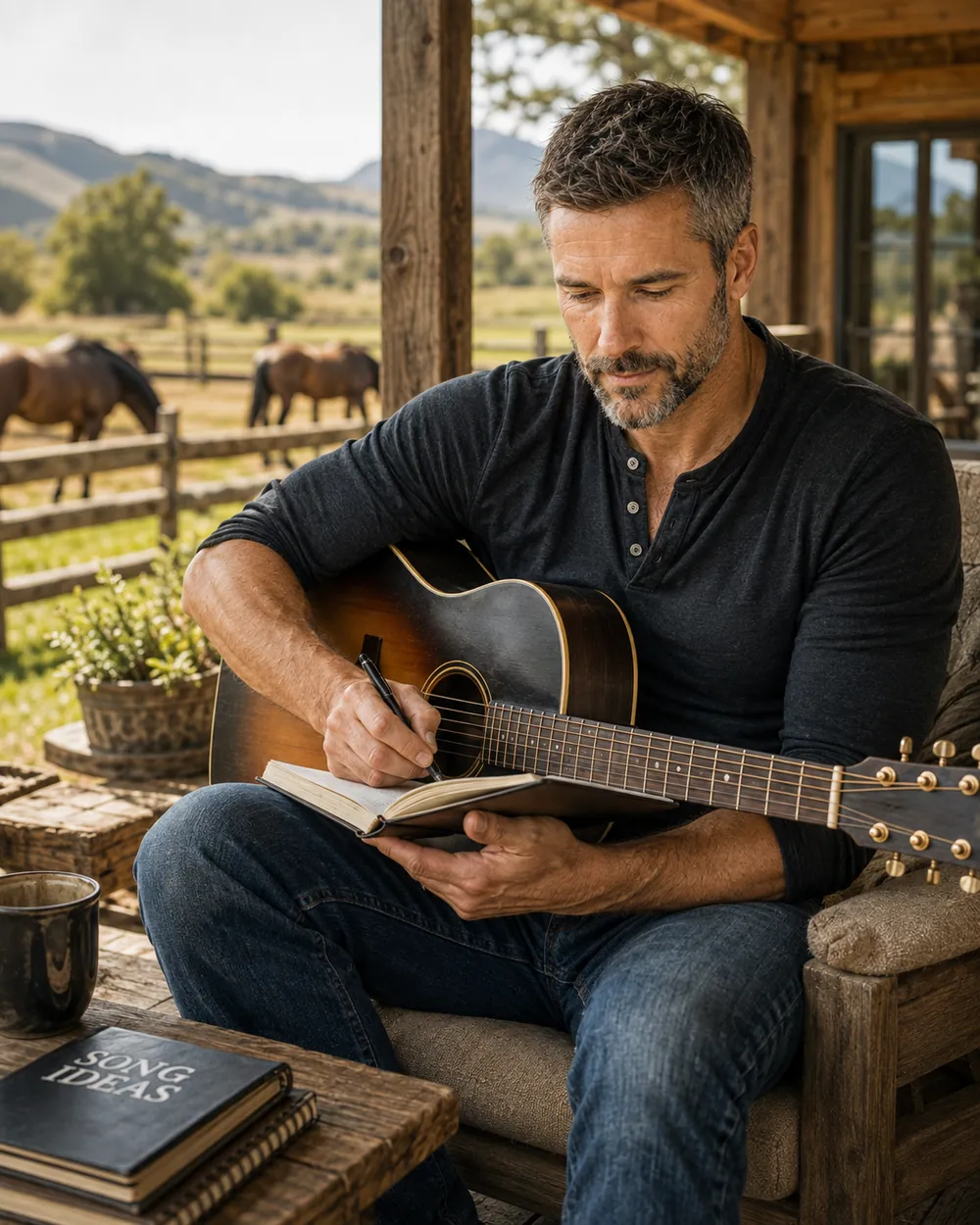 Ryan writing in a notebook with an acoustic guitar on his lap on a porch.