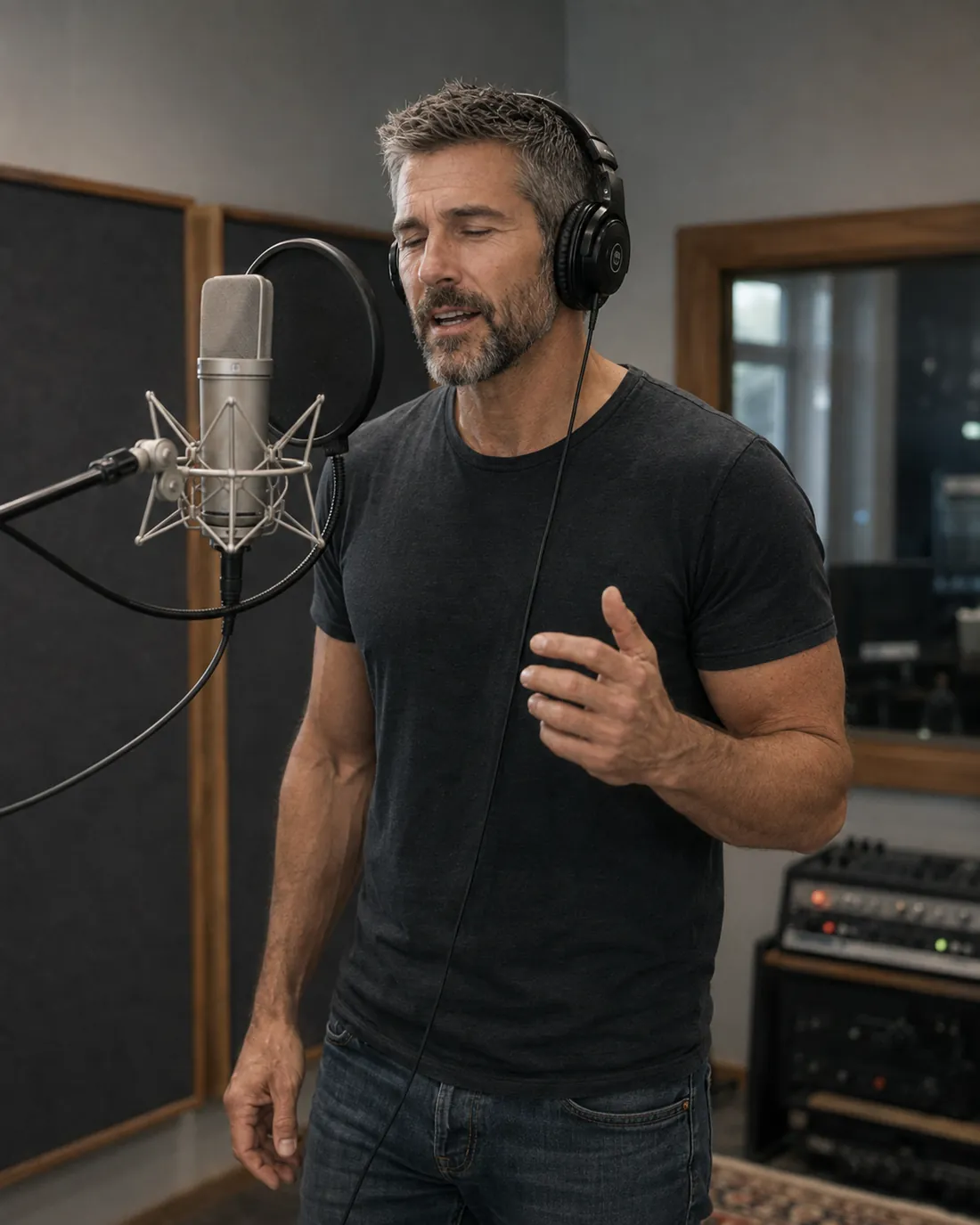 Ryan singing in a recording studio.