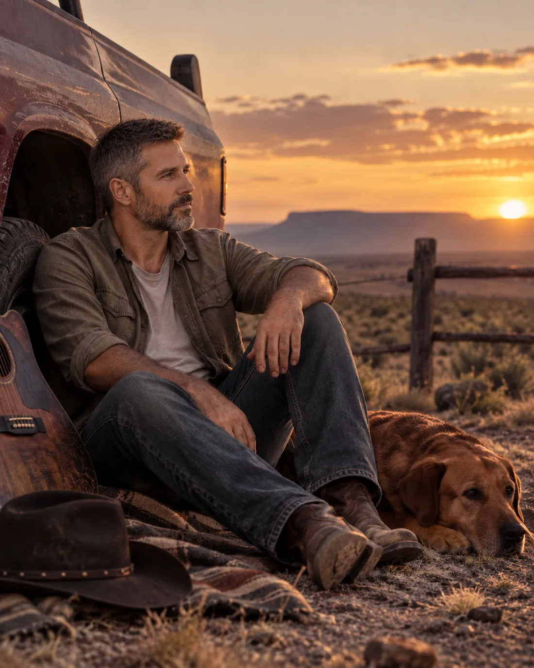 Ryan resting against a truck at sunset with his dog, guitar and hat beside him.