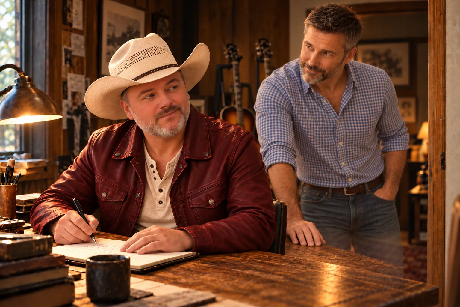 A songwriter at his desk in a cream straw hat and bordeaux leather jacket, pen in hand; Ryan leans in behind him and smiles.